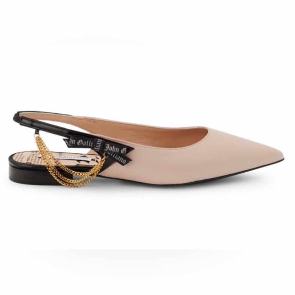 John Galliano Logo Chain Trim Leather
Slingback Pumps. Size 39